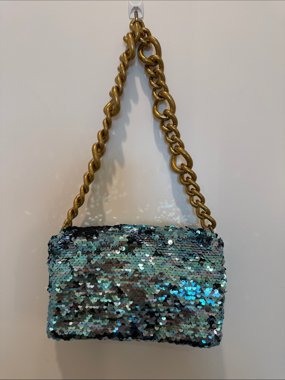 Madison West Aqua Sequin Shoulder Bag with Gold Chain